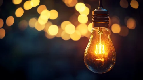 Glowing filament bulb shines amid warm bokeh lights.