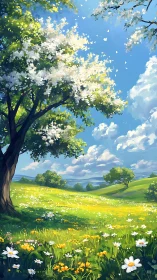 Spring meadow under blossoming tree in luminous daylight.