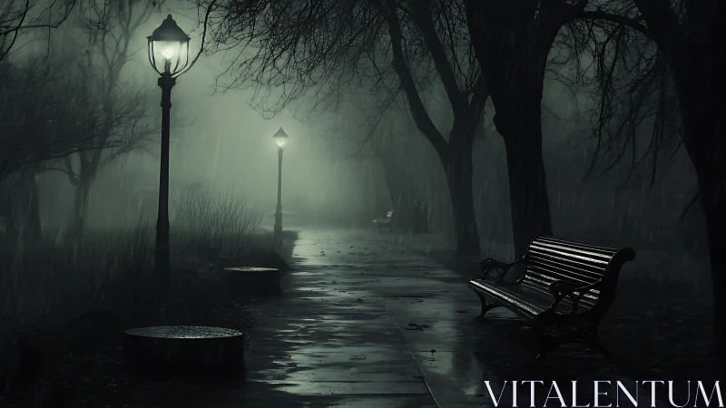 Foggy park pathway under rain with glowing streetlamps