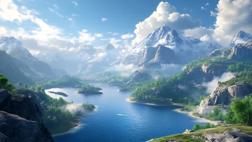 Mountain lake landscape shows detailed 3D rendered valley