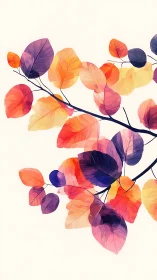 Colorful abstract leaves on branching stem over light background.