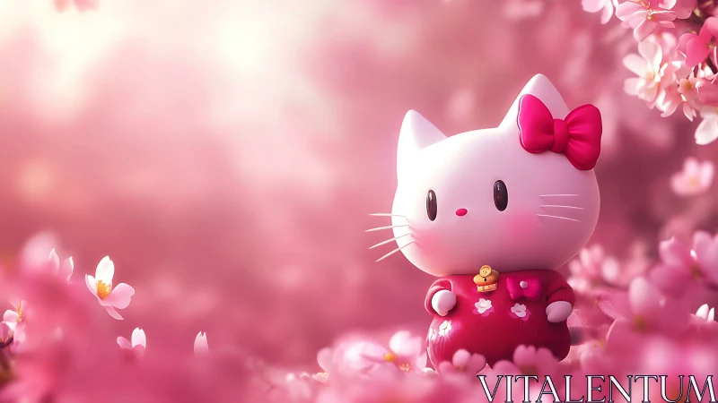 Chibi cat figurine in shallow-focus sakura bloom field.