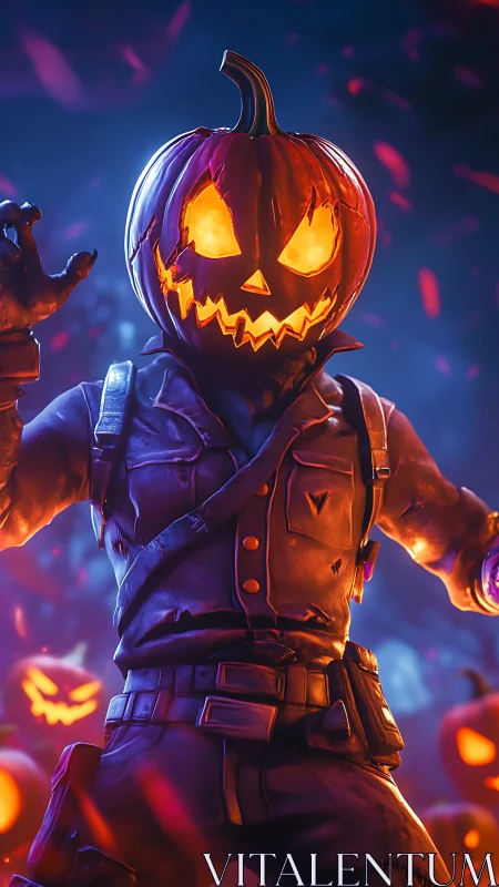 Pumpkin-headed soldier lunges through glowing Halloween fog