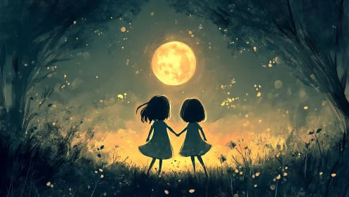 Moonlit sisters quietly choreograph wishes in glowing fields
