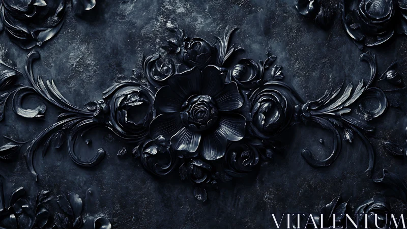 Dark ornamental floral relief with sculpted petals detail.