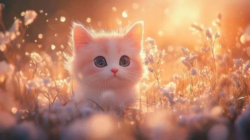 Ethereal white kitten in backlit field with soft bokeh lighting.