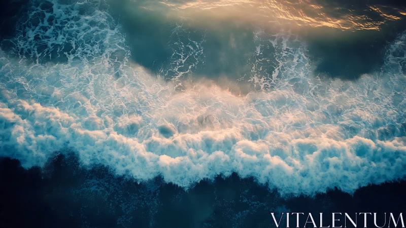 Aerial view of foamy ocean waves under warm light.