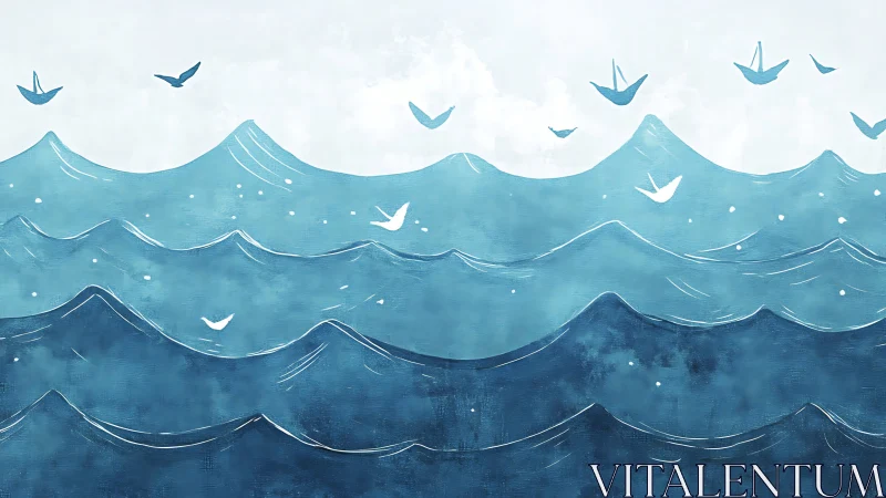 Layered cyan ocean waves with stylized soaring seabirds illustration