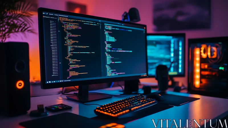 Neon keyboards hum while late night code glows across screens
