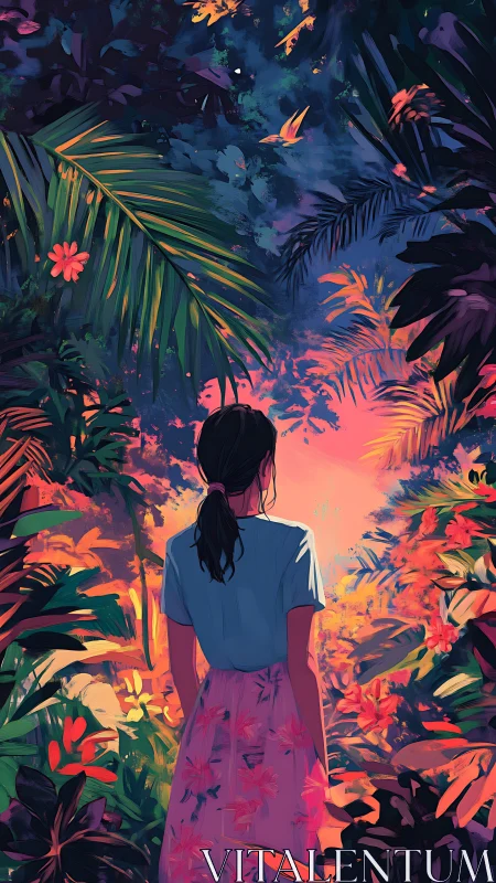 Sunset jungle doorway glows as a quiet dreamer drifts closer