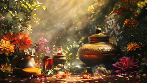Sunlit alchemist&rsquo;s garden altar of florals, spices, and secrets.