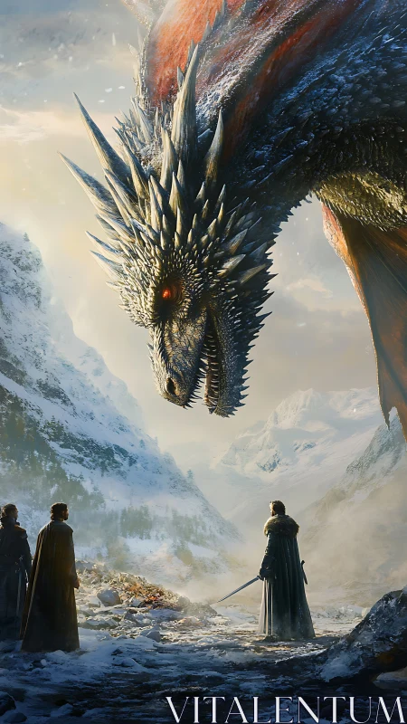 Brave wanderers meet a towering dragon in snowy mountains.
