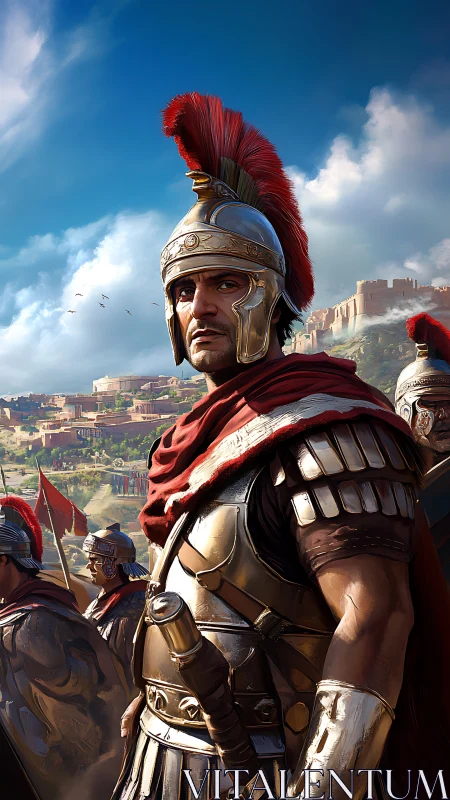 Roman centurion commands the sunlit cityscape below.