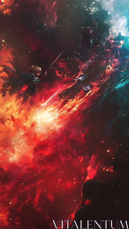 Sword-wielding warriors clash through erupting cosmic fire