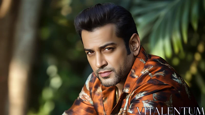 Man in patterned shirt posed outdoors against foliage backdrop.