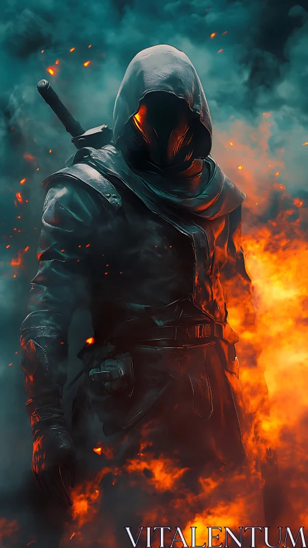 Hooded ember-walker strides through feral neon firestorm