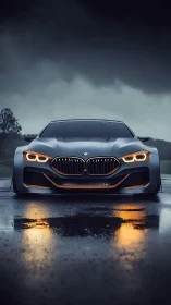 Stormlit Bavarian beast stares down the rain-soaked road
