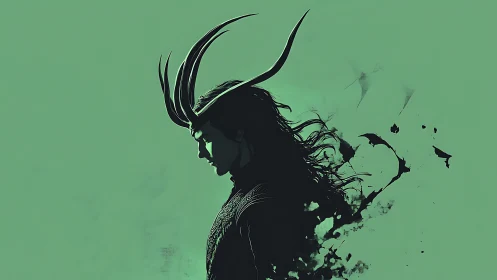 Horned silhouette dissolves into abstract dark fragments.