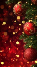 Red bauble ornaments on evergreen branch with bokeh lights