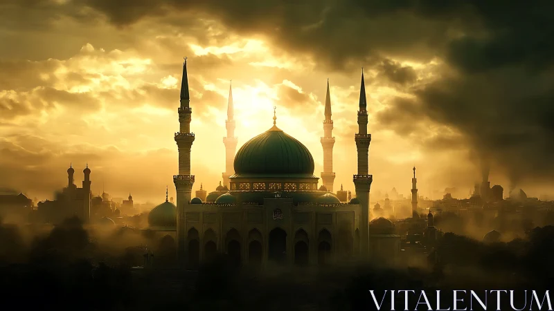 Golden sunrise bathes a majestic mosque in calm light