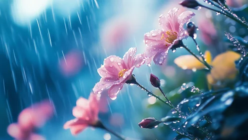 Rain-Kissed Pink Blooms Dance in Storm Light.