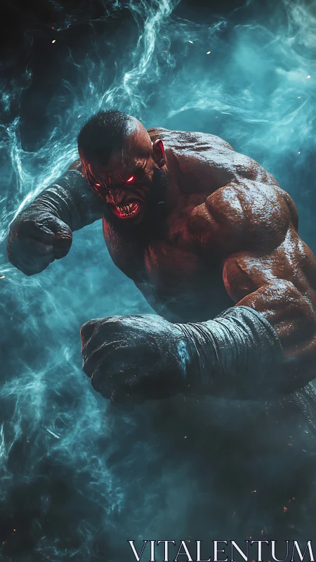 Storm-charged brawler surging through blue cosmic mist.