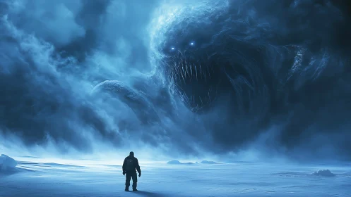 Frozen wanderer facing a colossal stormborn nightmare.