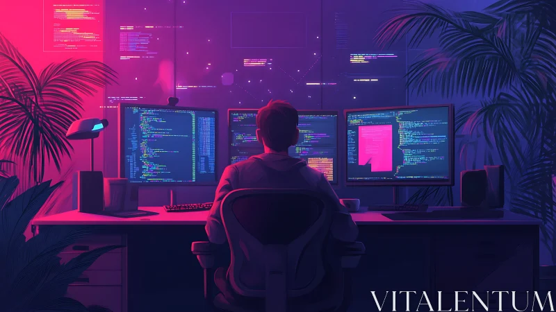 Midnight coder in neon jungle spins liquid lines of logic.