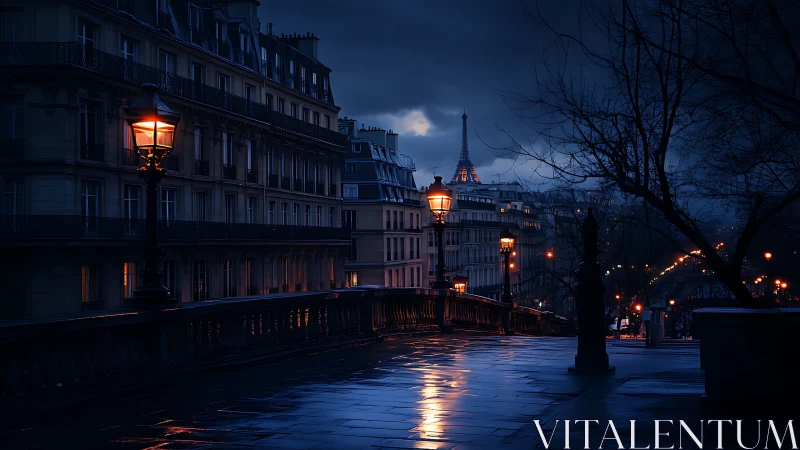 Moody Paris street at night with Eiffel Tower skyline glow.