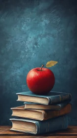 Bright red apple rests gently atop a quiet stack of books