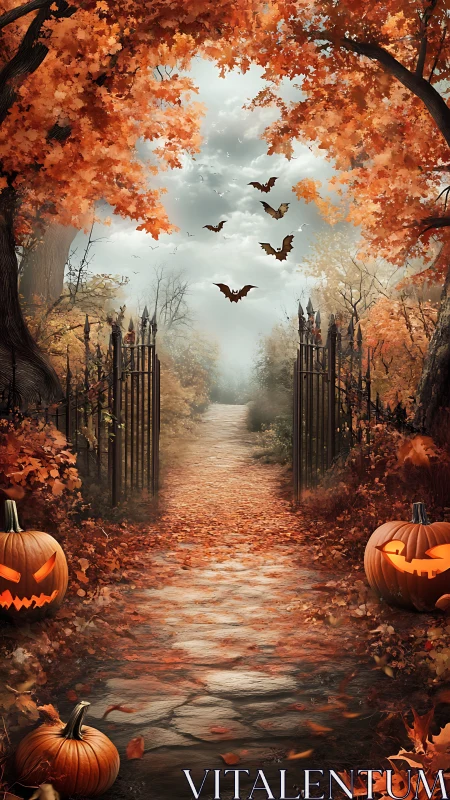 Haunted autumn pathway with jack o lantern gate guardians.