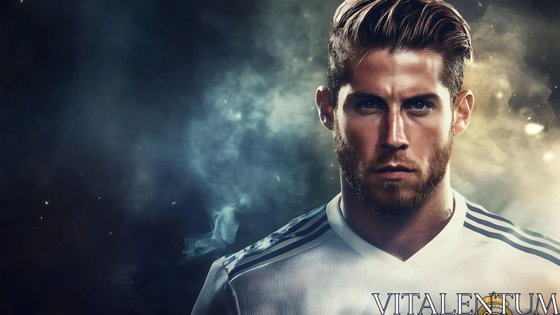 Intense football portrait in dramatic smoky stadium light.