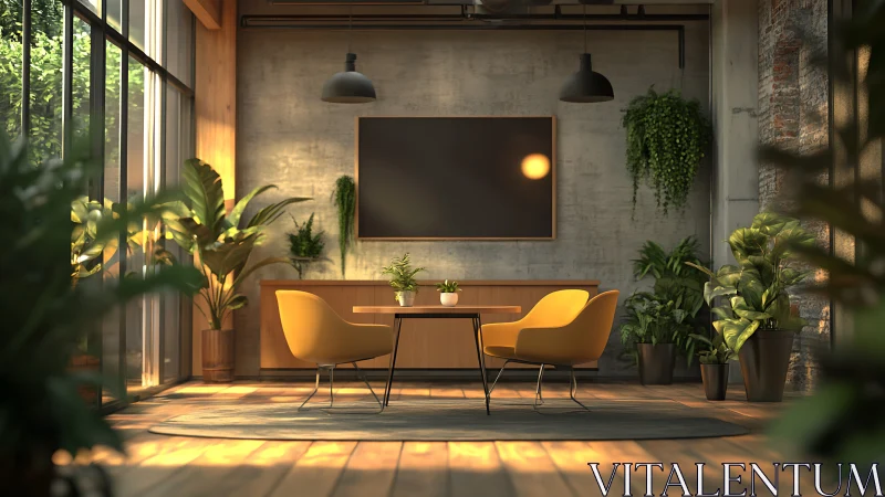 Modern indoor seating area with plants and concrete walls.