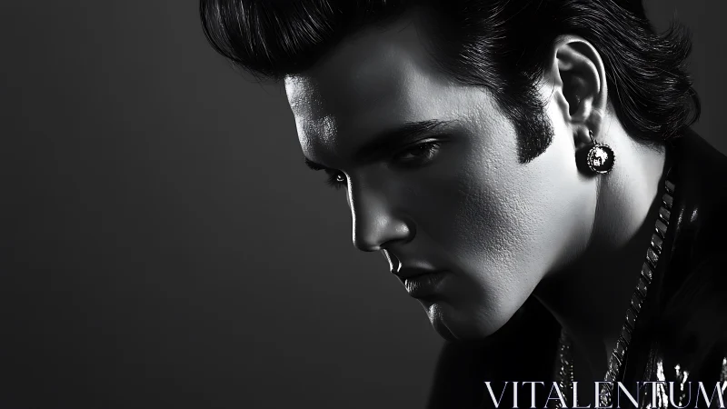 Moody grayscale portrait of a brooding rockabilly dreamer.