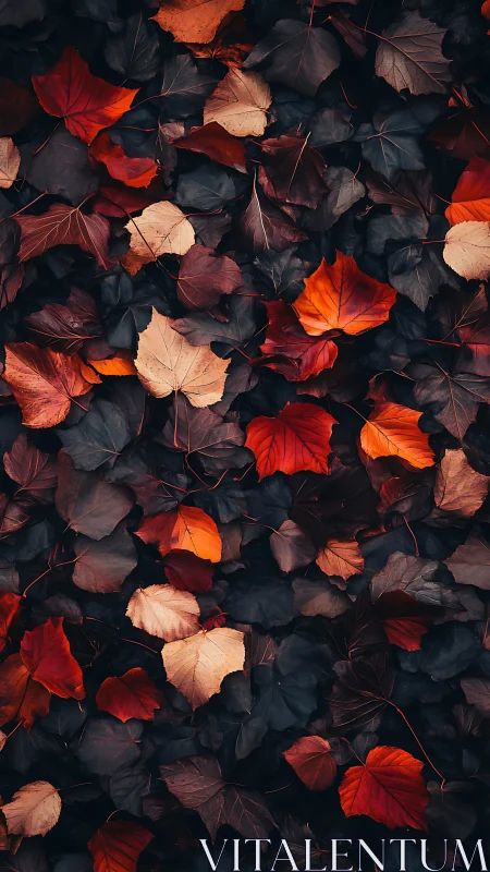 Overhead view records scattered autumn leaves on dark ground