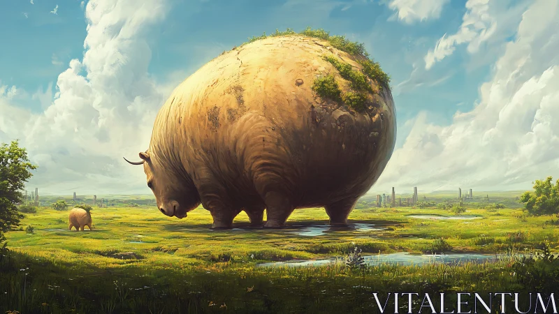 Spherical herbivores in open wetland plain under clouds.