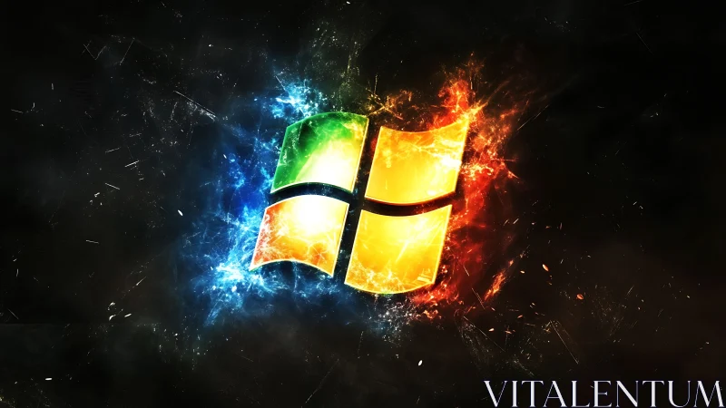 Glowing four-panel window emblem with fiery energy burst.