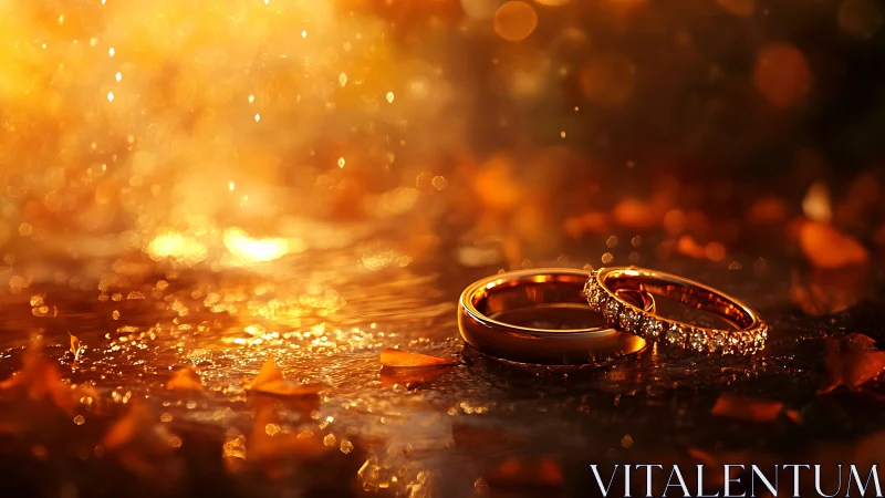 Macro optical study of golden wedding rings in bokeh firestorm.