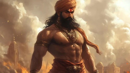 Digital warrior figure stands before burning domed cityscape