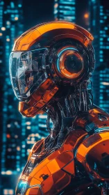 Profile view of luminous orange cybernetic android in neon city
