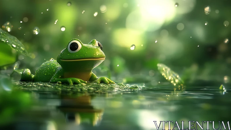 Cartoon green frog resting on wet leaf in forest pond