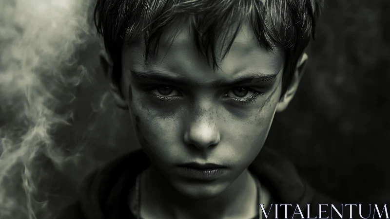 Brooding boy portrait in dark moody monochrome smoke.