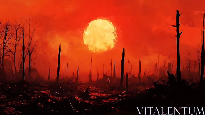 Burned forest landscape under large red sun at dusk.