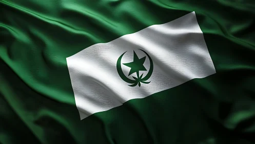 Emerald crescent banner with bold starburst emblem unfurled.