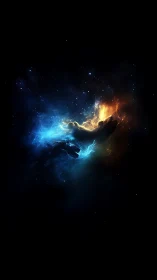 Cosmic hands juggle blue frost and molten dawn in silence