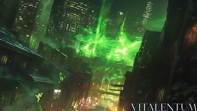 Neon rift over rain-slick alleys in corrupted cybercity.