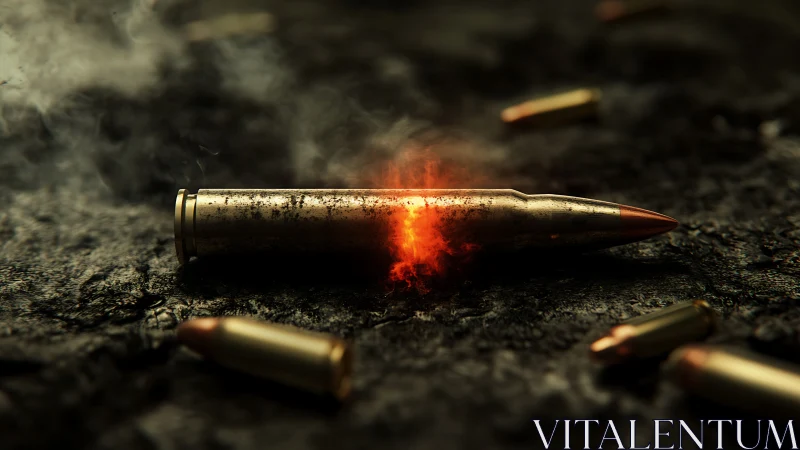 Single bullet on scorched ground with bright orange heat flare.