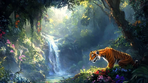 Tiger positioned near jungle waterfall amid dense foliage.