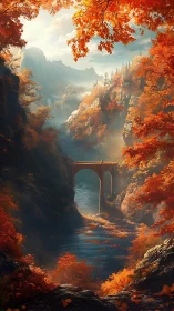 Autumn mountain gorge with stone bridge over river.