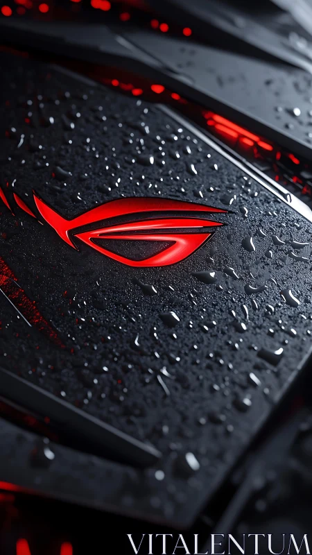 Close-up of red illuminated logo on wet dark surface.